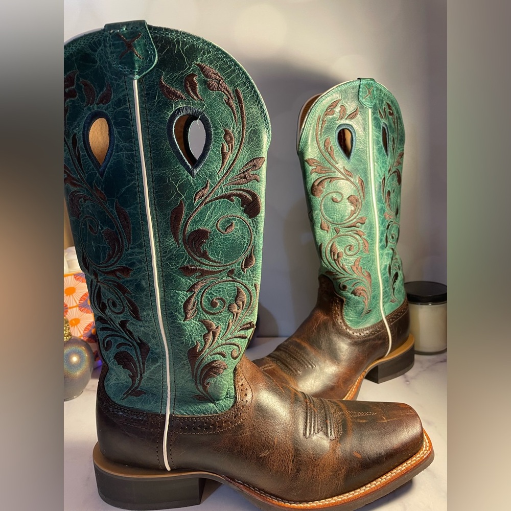 Twisted X Brown Leather Boots with Teal Embroidered Shaft